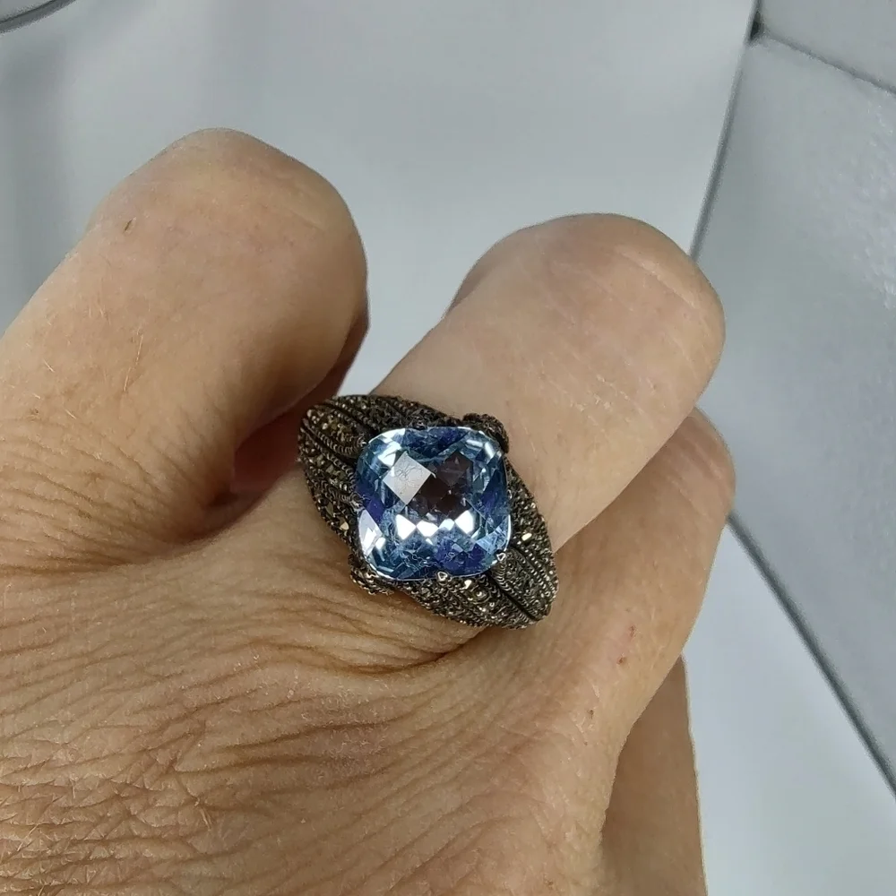 Judith Jack Ring Sterling Silver Marcasite Blue Topaz Size 7 3/4
